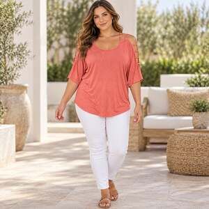VENUS Top Womens Large Coral Pink Strappy Cold Shoulder Scoop Neck Stretch Knit